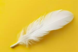 Close up of bright white feather. Copy space, yellow background. Fashion and Party concept. AI Generative photo