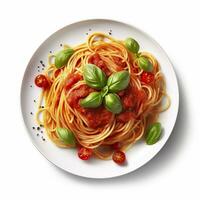 delicioso plato de espaguetis con tomate salsa en un blanco antecedentes generativo ai foto