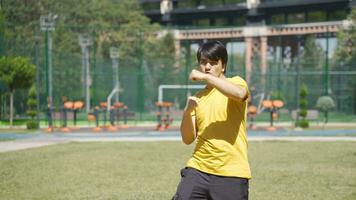 jovem homem sombra boxe ao ar livre. video