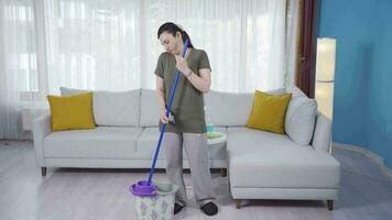 Unhappy cleaning woman. video