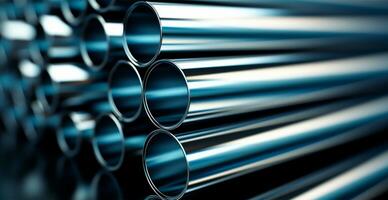 High quality galvanized steel pipe or aluminum and chrome stainless steel pipes in stack - AI generated image photo