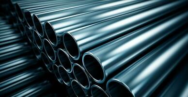 High quality galvanized steel pipe or aluminum and chrome stainless steel pipes in stack - AI generated image photo