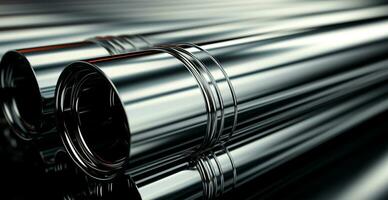 High quality galvanized steel pipe or aluminum and chrome stainless steel pipes in stack - AI generated image photo