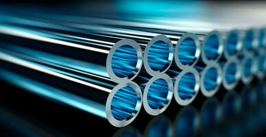 High quality galvanized steel pipe or aluminum and chrome stainless steel pipes in stack - AI generated image photo