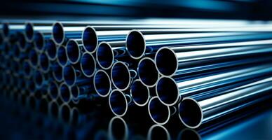 High quality galvanized steel pipe or aluminum and chrome stainless steel pipes in stack - AI generated image photo