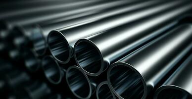 High quality galvanized steel pipe or aluminum and chrome stainless steel pipes in stack - AI generated image photo