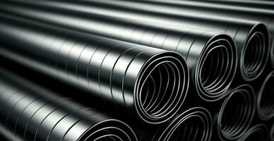 High quality galvanized steel pipe or aluminum and chrome stainless steel pipes in stack - AI generated image photo