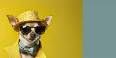 Cool looking Chihuahua dog wearing funky fashion dress. space for text right side. Generative AI photo