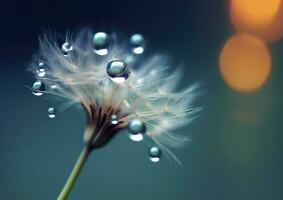 Beautiful dew drops on a dandelion seed macro. Beautiful blue background. Generative AI photo