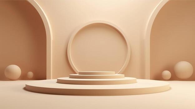 Podium with a parametric background. Stage showcase on pedestal display, 3d rendering. AI Generative photo