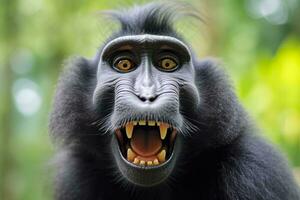 Celebes crested macaque with open mouth. Close up on the green natural background. Generative AI photo