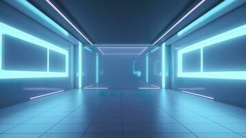 Empty Wall in a Futuristic Sci Fi Living Room with Light Yellow, Light Cyan, and Light Blue Neon. AI Generative photo