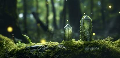 Crystals with moon phases image of moss in a mysterious forest, natural background. Generative AI photo