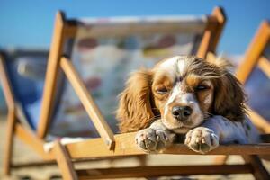 Dog Puppy wearing sunglasses, lying on a sunbed to sunbath at the beach sea on summer vacation, holidays. Funny concept. AI Generative photo