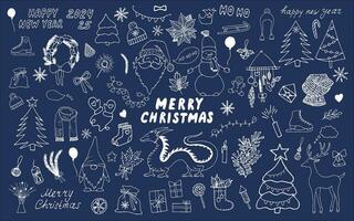 Large holiday collection of Merry Christmas and Happy New Year greetings. The symbol of 2024 is the Dragon. White outline on a blue background. Merry Christmas and Happy New Year doodle elements. vector