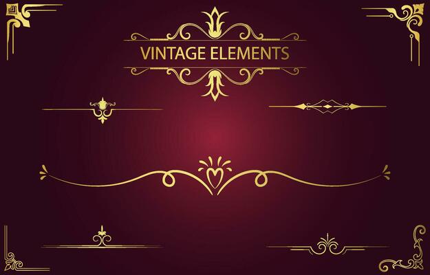 Set Vintage line elements in luxurious gold color for decorating cards.