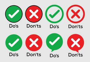 Dos and Donts vector icons, wrong and right icons, true and false, good or bad sign.