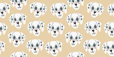 Vector seamless pattern with cute dalmatian dog faces. Dog pattern on beige background.