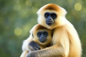 Close image of Cheeked Gibbon monkey mother with a child in the forest. Generative AI photo