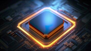 Top View of a Chip with Glowing Light and Fog in Orange and Blue. AI Generative photo