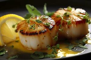 Closeup of pan seared diver scallops with lemon beurre blanc. Generative AI photo