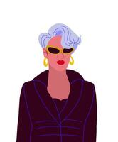 Vector illustration of stylish old woman wearing dark clothes and stylish eyeglasses. Fashion influencer old woman. Gray hair