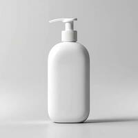 Cosmetic rounded all white soap bottle mockup on white table. AI Generative photo