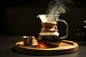 An alternative coffee brewing method is pure over, a glass teapot on a wooden tray. Generative AI photo