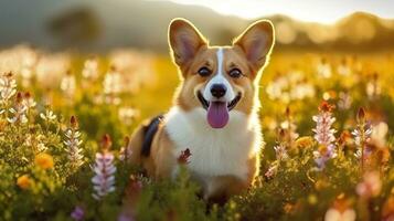 Charming corgi dog with flowers in the spring. Generative AI photo