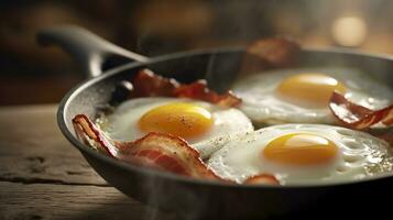 Bacon and eggs in a pan. Composition with tasty fried eggs and bacon on wooden table. AI Generative photo