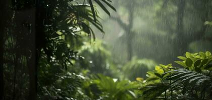 Rain falls in a rainforest with the rain drops. Generative AI photo