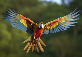 Flying macaw, beautiful bird. Generative AI photo