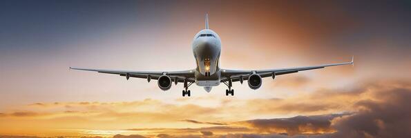 comercial avión volador encima dramático nubes durante puesta de sol. generativo ai foto