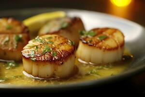 Closeup of pan seared diver scallops with lemon beurre blanc. Generative AI photo