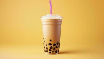 A bubble tea in a plastic cup. Generative AI photo