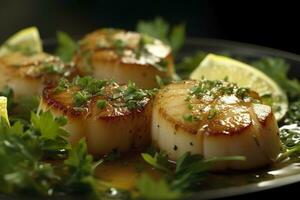 Closeup of pan seared diver scallops with lemon beurre blanc. Generative AI photo