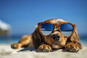 Dog Puppy wearing sunglasses, lying on a sunbed to sunbath at the beach sea on summer vacation, holidays. Funny concept. AI Generative photo