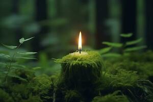 Burning candle on moss, dark green blurred the natural background. Magic candle. Generative AI photo
