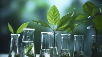 Biotechnology concept with green plant leaves, laboratory glassware, and conducting research, illustrating the powerful combination of nature and science in medical advancements.  AI Generative photo