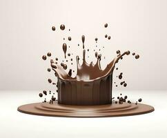 Chocolate splash with a podium, mockup background for milk product display, 3d. Generative AI photo
