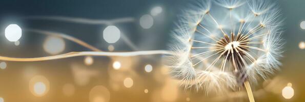 Abstract blurred nature background dandelion seeds parachute. Bokeh pattern. Generative AI photo