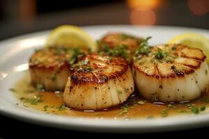 Closeup of pan seared diver scallops with lemon beurre blanc. Generative AI photo