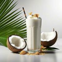 Coconut milk shake glass with fresh sliced coconut. Generative AI photo