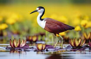 Colorful African wader with long toes next to violet water lily in water. Generative AI photo