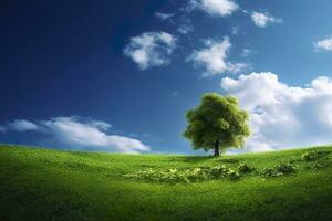 Green field and tree on blue sky. AI Generative photo