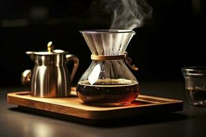 An alternative coffee brewing method is pure over, a glass teapot on a wooden tray. Generative AI photo