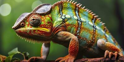 A colorful close up chameleon with a high crest on its head. Generative AI photo