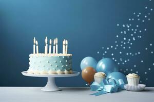 Birthday cake with candles and sweets on white table near blue wall. Generative AI photo