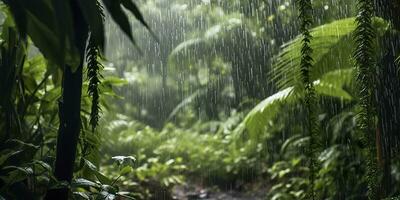 Rain falls in a rainforest with the rain drops. Generative AI photo