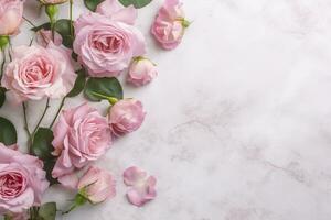 Close up of blooming pink roses flowers and petals isolated on white table background. Floral frame composition. Decorative web banner. Empty space, flat lay, top view. AI Generative photo